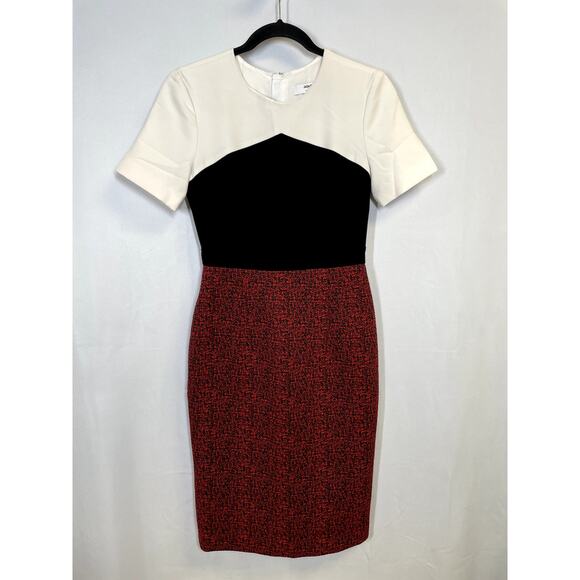 JASON WU COLLECTIVE Jacquard Color Block Scuba Sheath Dress Red Black 2 $370 - Picture 3 of 13